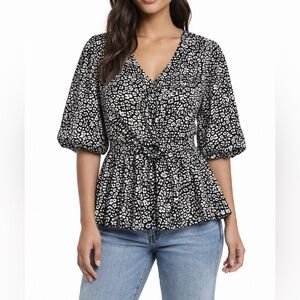 NWT Wishingwaves Leopard Print Peplum Blouse XL Puff Sleeve
